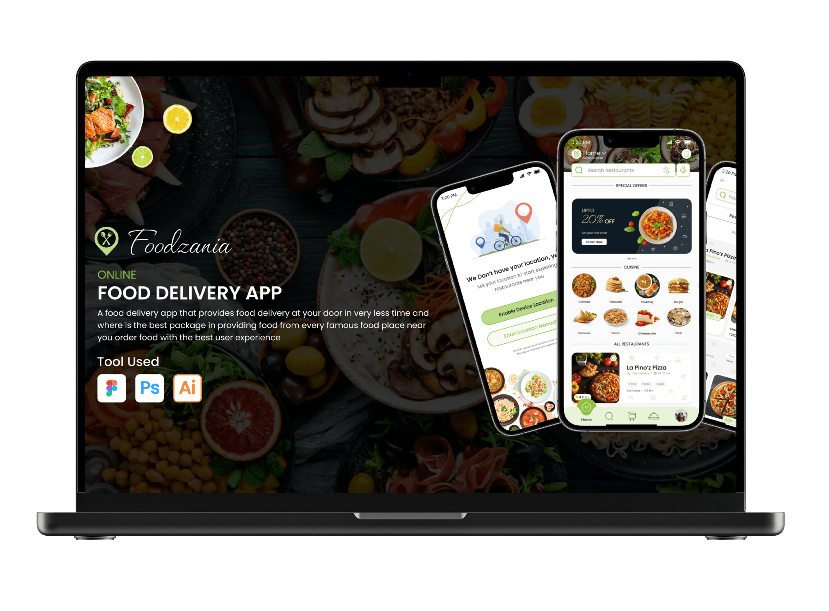Foodzania — product mockup and UI screens
