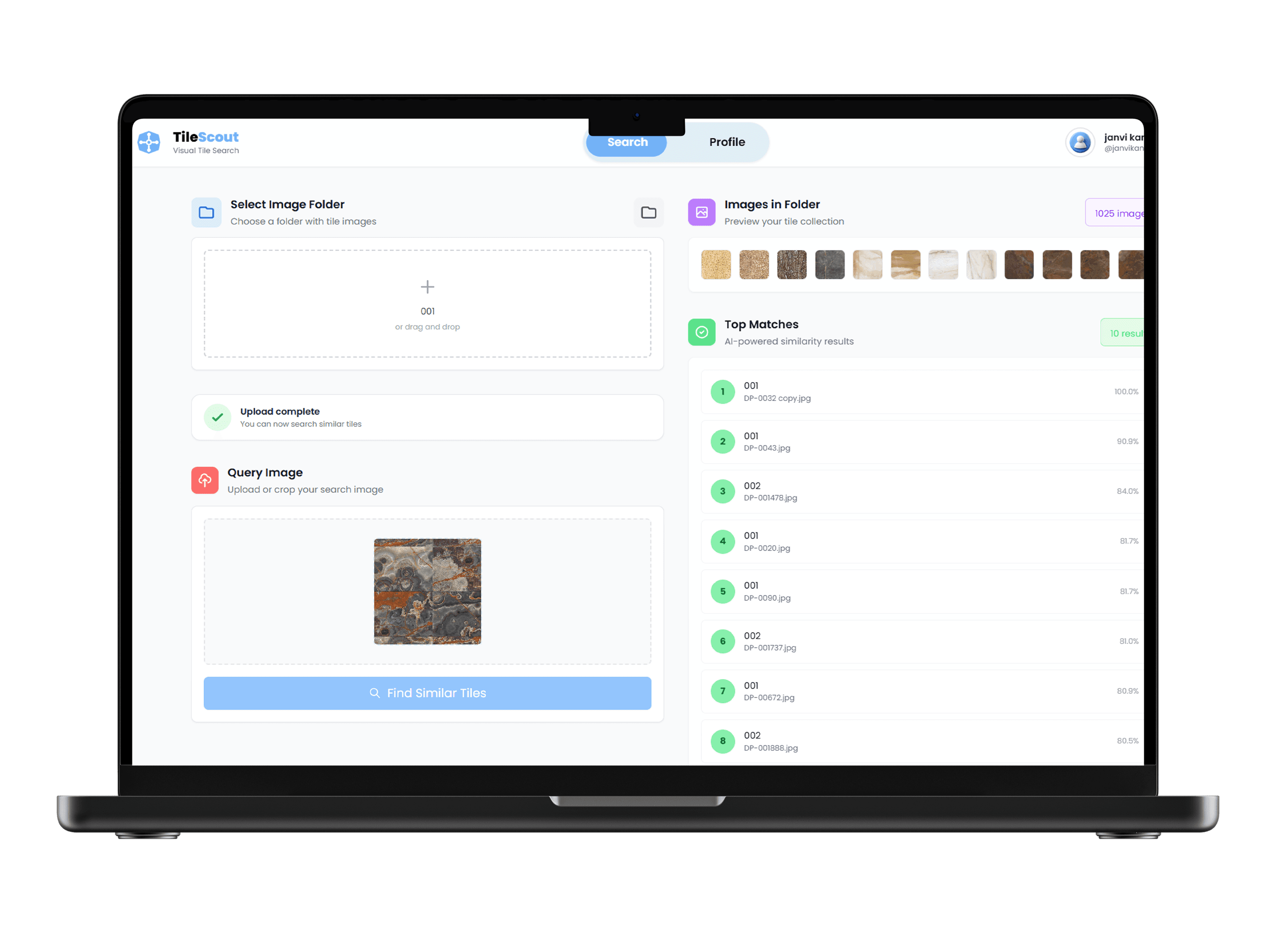 TileScout — product mockup and UI screens