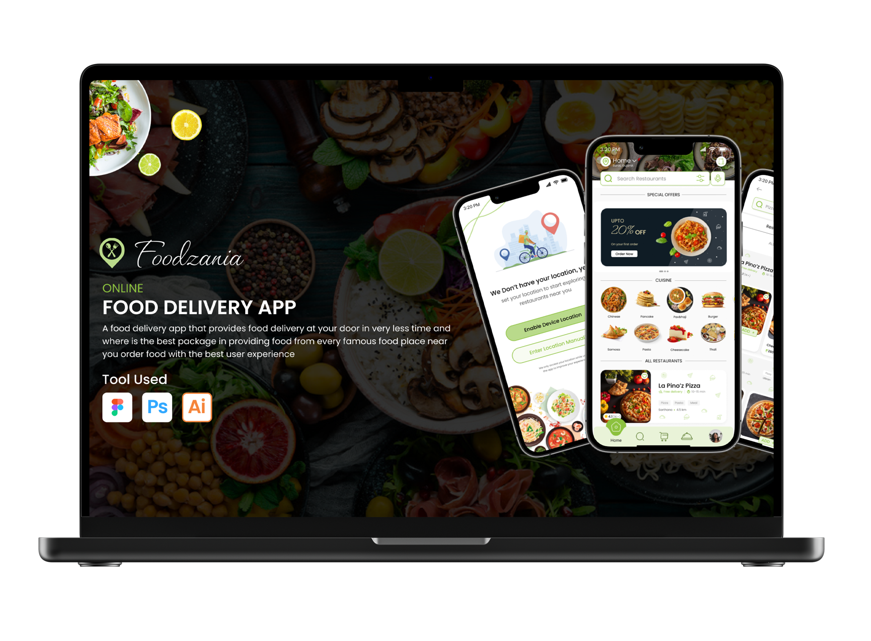 Foodzania (Food Delivery App) — product mockup and UI screens