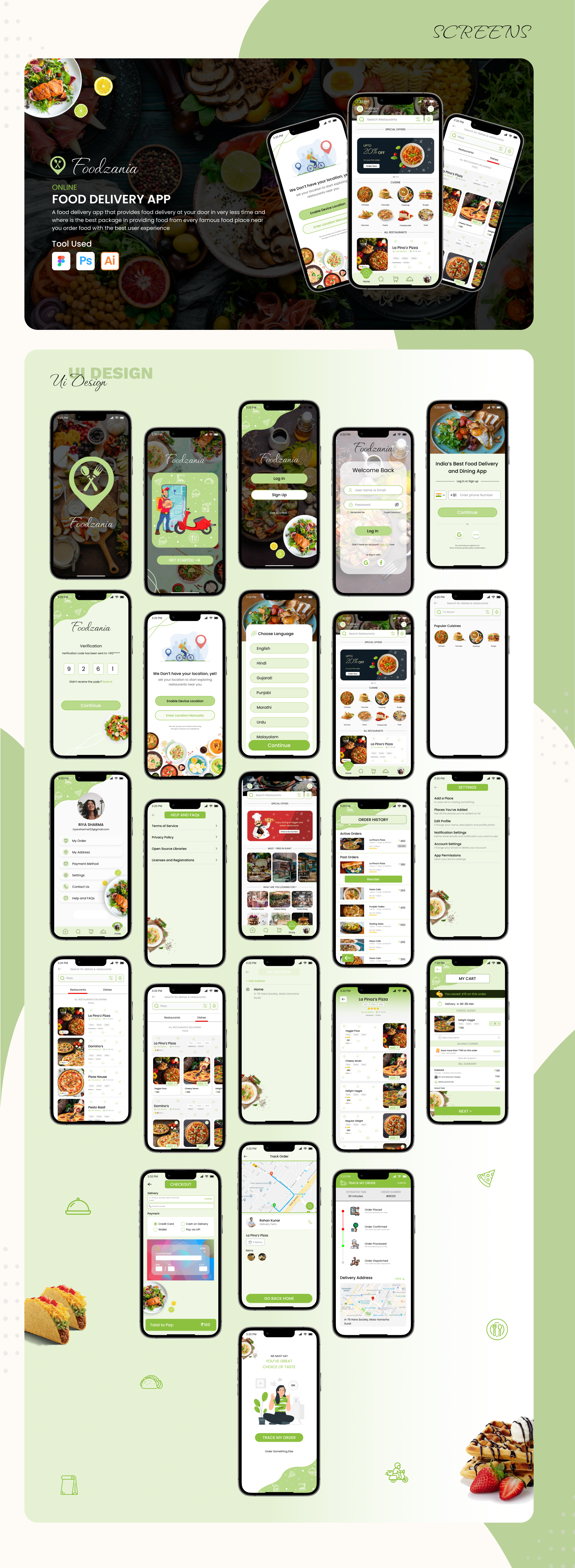 Foodzania food delivery app — menu browsing, checkout, and order tracking screens