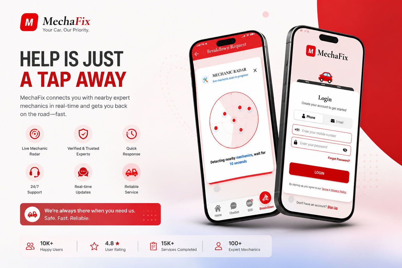 MechaFix roadside assistance app — execution mockup and UI screens