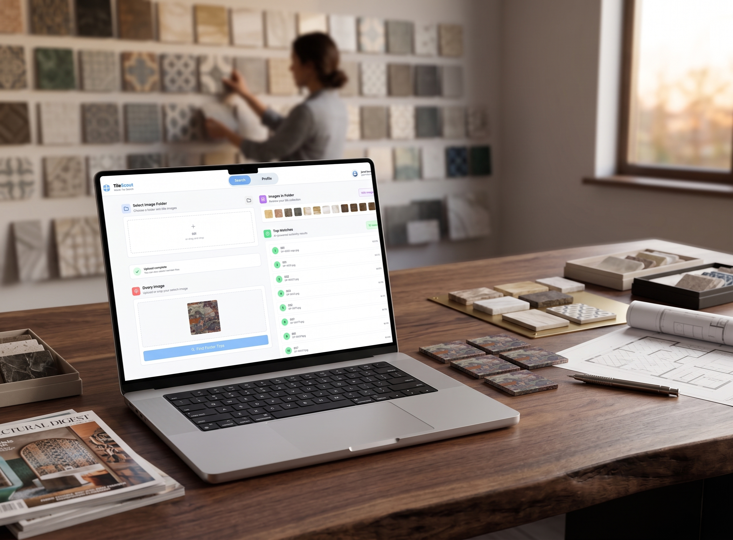 TileScout AI visual search platform — execution mockup and UI screens
