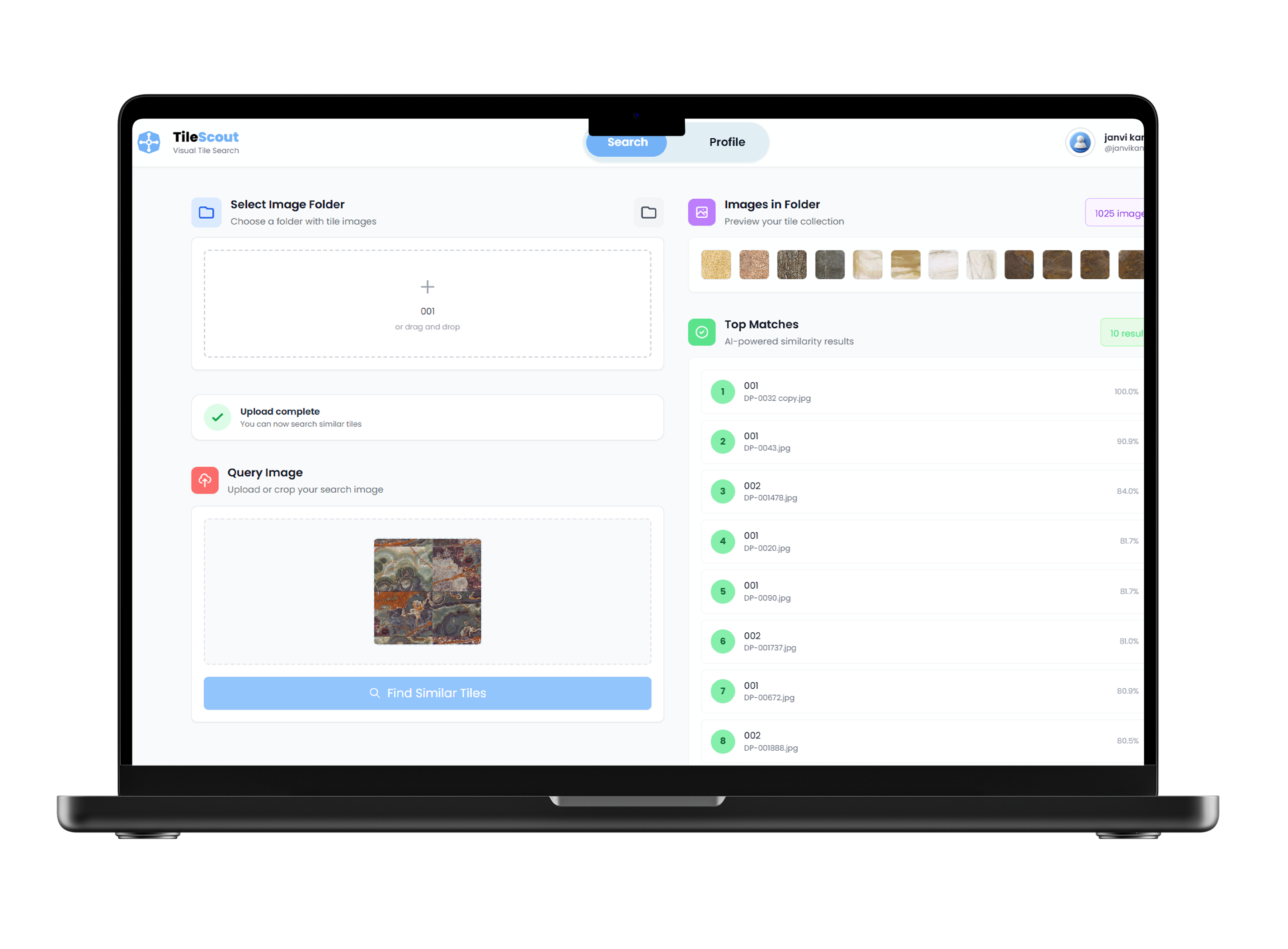 TileScout — product mockup and UI screens